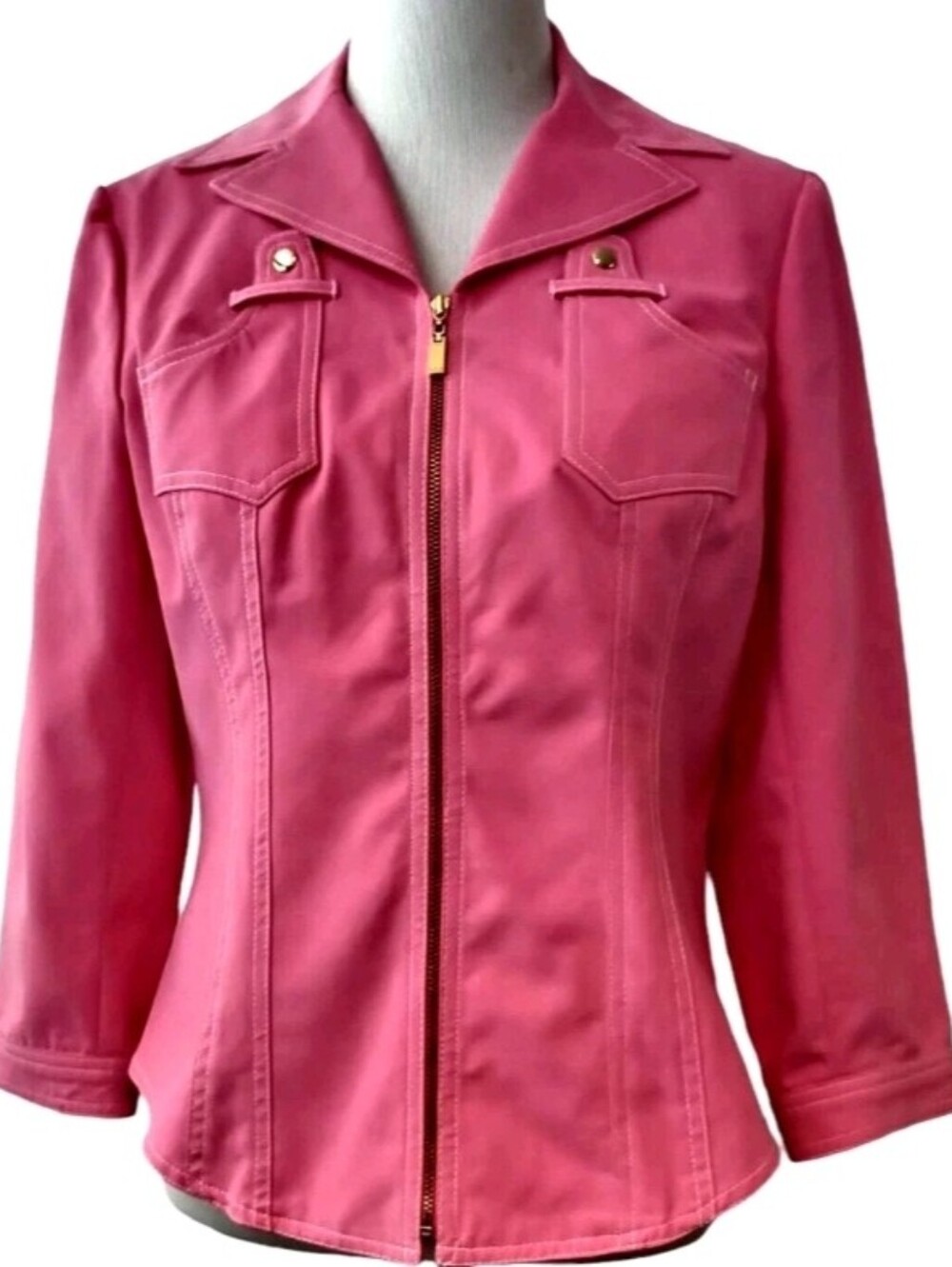 David Meister Hot Pink Utility Jacket Blazer Gold Zip Size 10